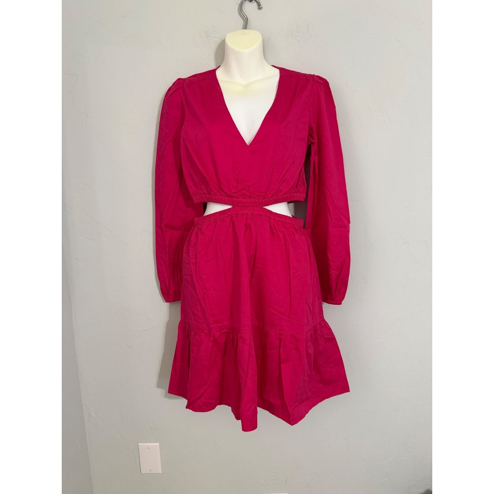 The Drop Sita Cut‎ Out Dress Hot Pink Long Sleeve Tiered Ruffle Mini Size S